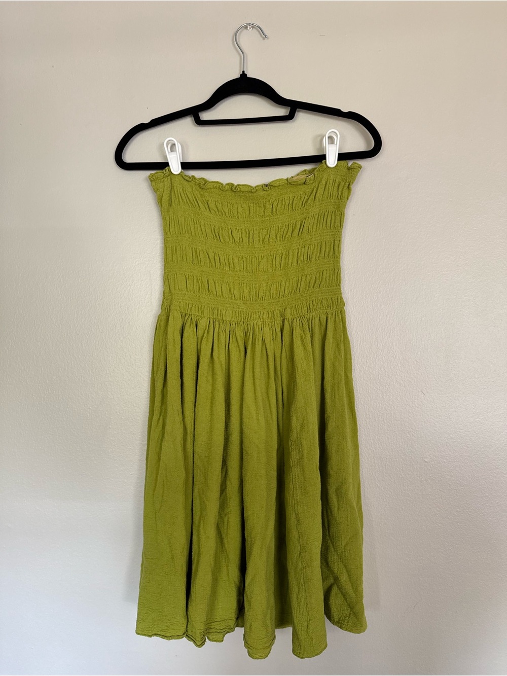 Newport News Olive Green Strapless Smocked Mini Dress